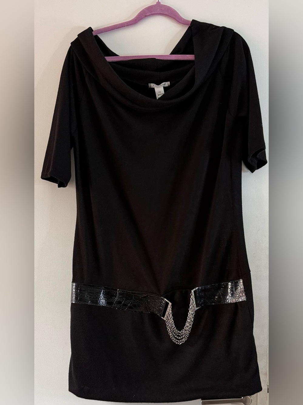 Y2K Black Sweater Dress w/ Built In Chain Belt Goth Minimalist Party Dress 1X